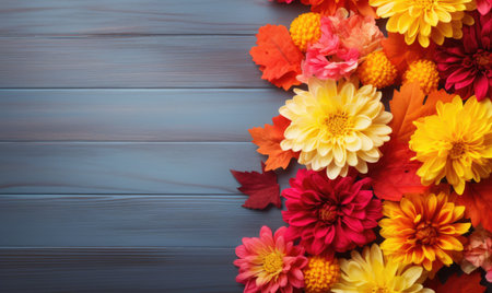 Autumn flowers frame on wooden background. Seasonal yellow and red flowers. Autumn background. Space for text.の素材