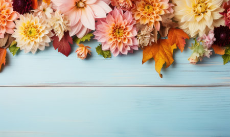 Autumn flowers frame on wooden background. Seasonal yellow and red flowers. Autumn background. Space for text.の素材