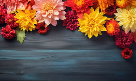 Autumn flowers frame on wooden background. Seasonal yellow and red flowers. Autumn background. Space for text.の素材