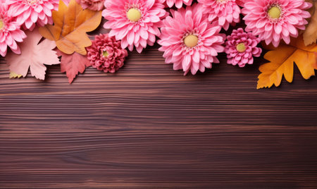Autumn flowers frame on wooden background. Seasonal yellow and red flowers. Autumn background. Space for text.の素材