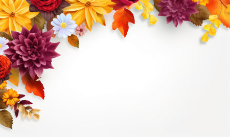 Autumn flowers frame on wooden background. Seasonal yellow and red flowers. Autumn background. Space for text.の素材