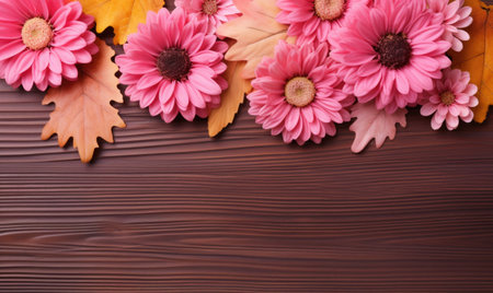 Autumn flowers frame on wooden background. Seasonal yellow and red flowers. Autumn background. Space for text.の素材