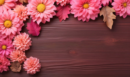 Autumn flowers frame on wooden background. Seasonal yellow and red flowers. Autumn background. Space for text.の素材