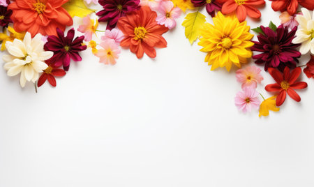 Autumn flowers frame on wooden background. Seasonal yellow and red flowers. Autumn background. Space for text.の素材