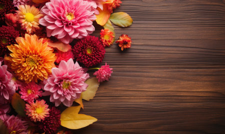 Autumn flowers frame on wooden background. Seasonal yellow and red flowers. Autumn background. Space for text.の素材