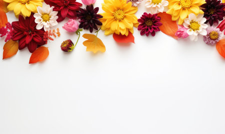 Autumn flowers frame on wooden background. Seasonal yellow and red flowers. Autumn background. Space for text.の素材