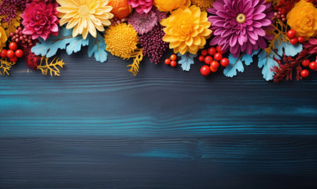 Autumn flowers frame on wooden background. Seasonal yellow and red flowers. Autumn background. Space for text.の素材