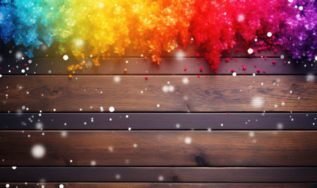 Rainbow colored crystals on wooden background. Snowflakes. Space for text.の素材