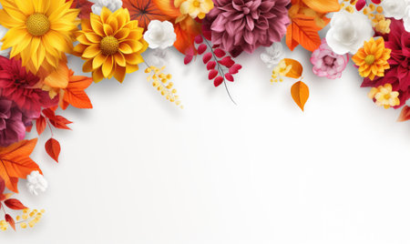 Autumn flowers frame on wooden background. Seasonal yellow and red flowers. Autumn background. Space for text.の素材