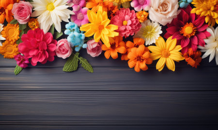 Autumn flowers frame on wooden background. Seasonal yellow and red flowers. Autumn background. Space for text.の素材