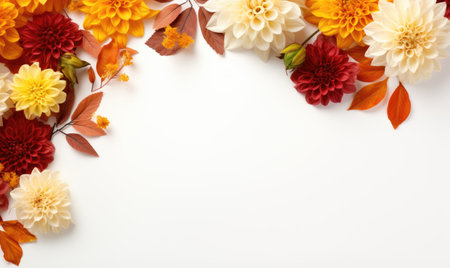 Autumn flowers frame on wooden background. Seasonal yellow and red flowers. Autumn background. Space for text.の素材