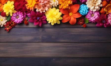 Autumn flowers frame on wooden background. Seasonal yellow and red flowers. Autumn background. Space for text.の素材