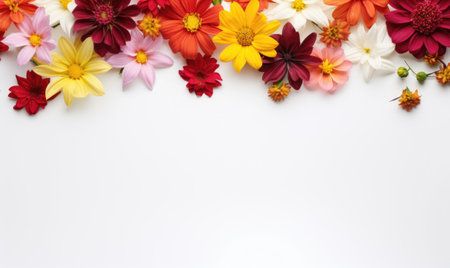 Autumn flowers frame on wooden background. Seasonal yellow and red flowers. Autumn background. Space for text.の素材