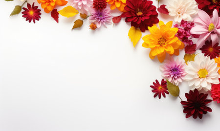 Autumn flowers frame on wooden background. Seasonal yellow and red flowers. Autumn background. Space for text.の素材