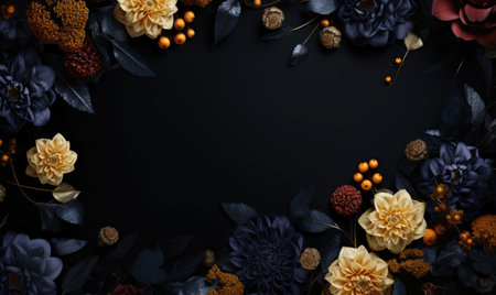 Autumn flowers frame on wooden background. Seasonal yellow and red flowers. Autumn background. Space for text.の素材