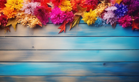 Autumn flowers frame on wooden background. Seasonal yellow and red flowers. Autumn background. Space for text.の素材