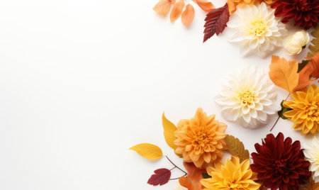 Autumn flowers frame on wooden background. Seasonal yellow and red flowers. Autumn background. Space for text.の素材