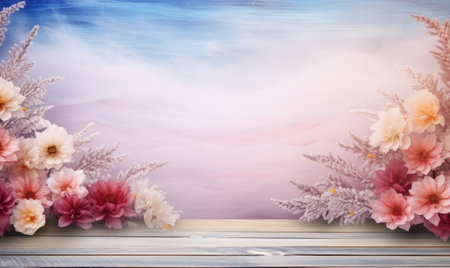 Autumn flowers frame on wooden background. Seasonal yellow and red flowers. Autumn background. Space for text.の素材