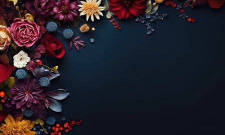 Autumn flowers frame on wooden background. Seasonal yellow and red flowers. Autumn background. Space for text.の素材