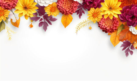 Autumn flowers frame on wooden background. Seasonal yellow and red flowers. Autumn background. Space for text.の素材