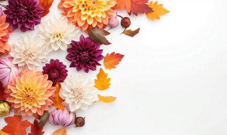 Autumn flowers frame on wooden background. Seasonal yellow and red flowers. Autumn background. Space for text.の素材