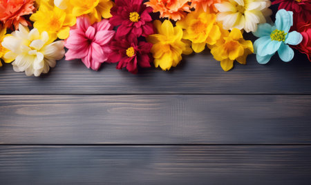 Autumn flowers frame on wooden background. Seasonal yellow and red flowers. Autumn background. Space for text.の素材