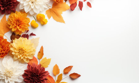 Autumn flowers frame on wooden background. Seasonal yellow and red flowers. Autumn background. Space for text.の素材