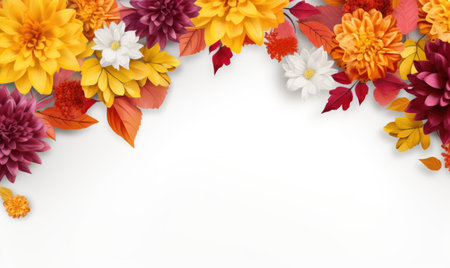 Autumn flowers frame on wooden background. Seasonal yellow and red flowers. Autumn background. Space for text.の素材