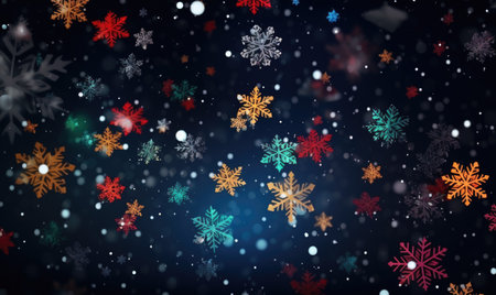 Colored snowflakes on dark background. Christmas background concept.の素材