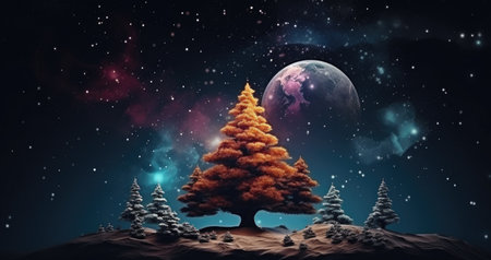 Fantasy background with Christmas night. Winter forest with fantastic moon and lights. Christmas background.の素材