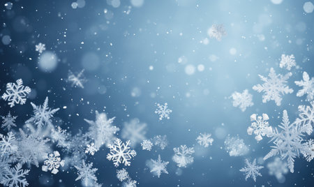 Falling snowflakes on blue background. Blurred snowflakes. Christmas background.の素材