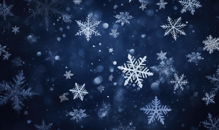 Falling snowflakes on blue background. Blurred snowflakes. Christmas background.の素材
