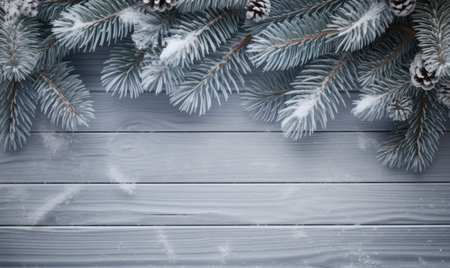 Christmas background. Spruce branch and snowflakes frame. Space for text.の素材