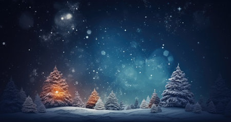 Fantasy background with Christmas night. Winter forest with fantastic moon and lights. Christmas background.の素材