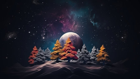 Fantasy background with Christmas night. Winter forest with fantastic moon and lights. Christmas background.の素材