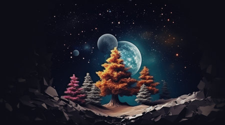 Fantasy background with Christmas night. Winter forest with fantastic moon and lights. Christmas background.の素材