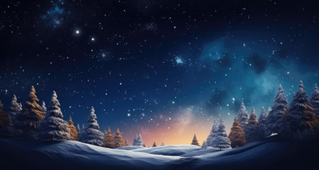 Fantasy background with Christmas night. Winter forest with fantastic moon and lights. Christmas background.の素材