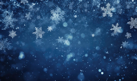 Falling snowflakes on blue background. Blurred snowflakes. Christmas background.の素材