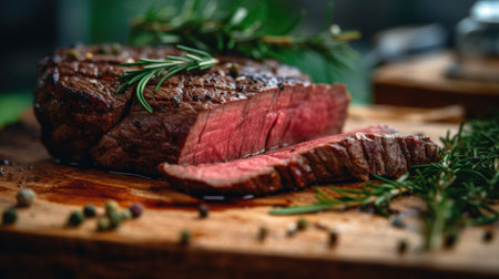 Grilled beef steak with rosemary and spices on a wooden boardの素材