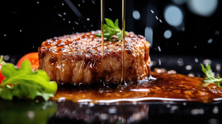 Grilled steak with sauce and vegetables on a black background. Restaurant menuの素材