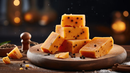 Tasty cheese cubes with spices on wooden table, closeup viewの素材