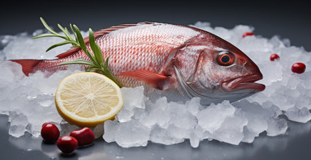Fresh fish on ice with lemon and cranberries on a black backgroundの素材