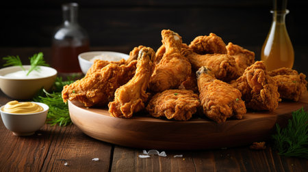 Fried chicken wings on a wooden background. Selective focus.の素材