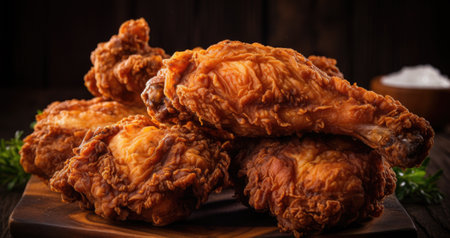 Fried chicken wings on a wooden background. Selective focus.の素材