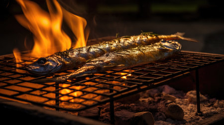 Grilled mackerel fish on a barbecue grill in the flamesの素材