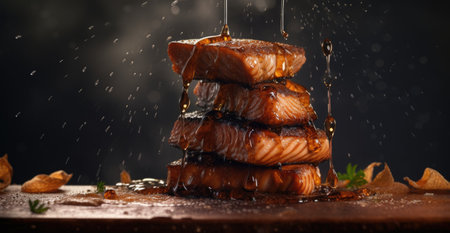 Slices of smoked salmon with spices on a black background.の素材