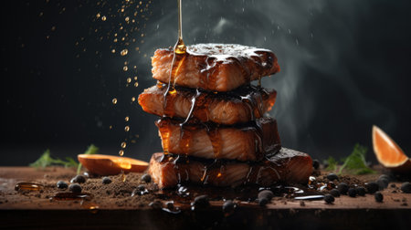 Falling pieces of grilled salmon on wooden table with smoke on backgroundの素材