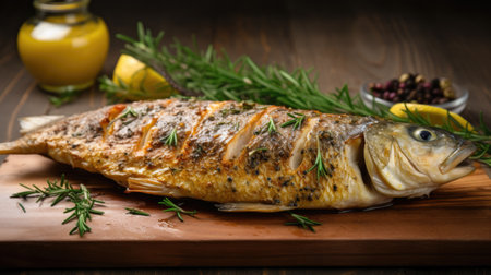 Grilled carp with lemon and rosemary on a wooden board.の素材