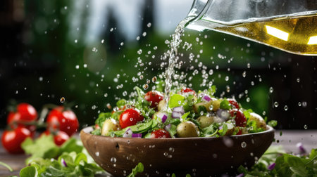 Fresh vegetable salad with cherry tomatoes, arugula, onion and olive oilの素材