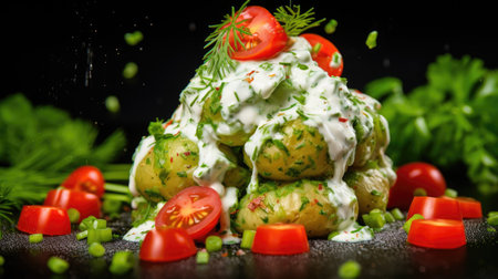 Boiled potatoes with sour cream and herbs on a black background.の素材